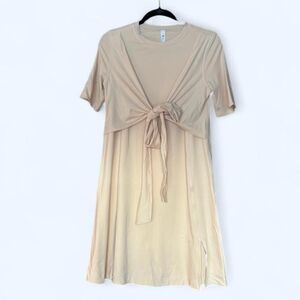 Lululemon Women's Tan and Cream Wrap-Effect Mini Dress - Size 4
